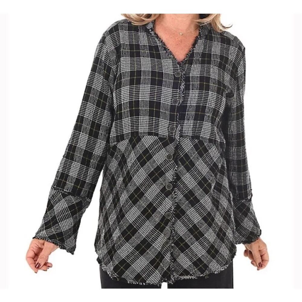 Habitat Cozy Patterned Raw Edge Gauzy Cotton Plaid Tunic Sz.L